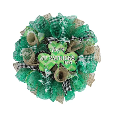 New High Quality St. Patrick's Day Irish Festival Wreath 40cm Fabric Door Decoration Green Bow for Outdoor Courtyard