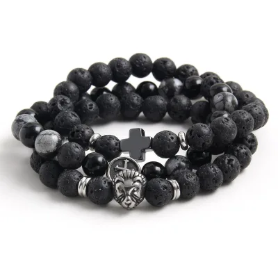 8mm Black Lava/Snowflake Obsidian & Hematite Stone Stainless Steel Beads Bracelet for Men Women Fashion Jewelry