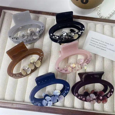 2024 Sweet Acetate Flower Rhinestone Hair Clip Claw for Women Girls Cute Floral Hairpin Ponytail Thick Hair Accessories