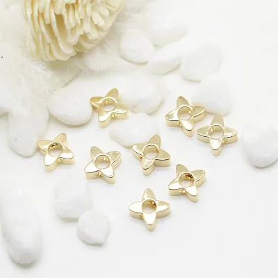 Wholesale Four Petal Flower Shape With Hole 14k Gold Plated Spacer Loose Copper Beads