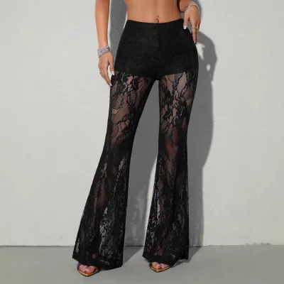 2026 New Western Style Lace Flare Pants Women's Western Hot Girl Style Sexy See-through Micro Flare Trousers
