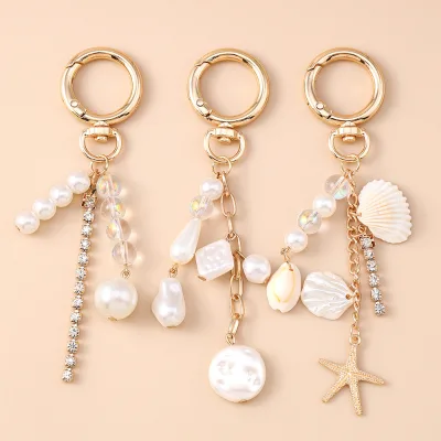 New Summer Beach Tassel Keychain with Imitation Pearls, Seashell, Starfish & Rhinestone Charms Elegant Handmade Bag Pendant