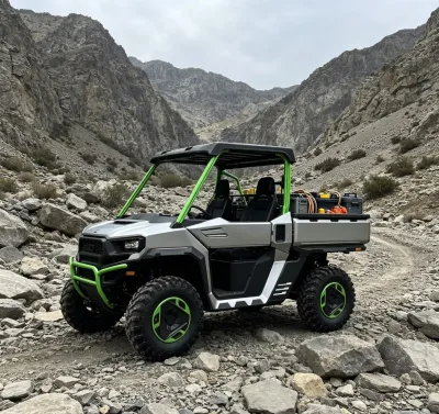 EU-200 All-Terrain Electric Utility Golf Cart With Rugged Cargo Bed for Remote Field Site Project Support.