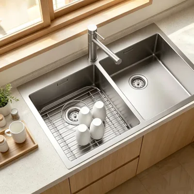 Stainless Steel Kitchen Sink Grid Rectangular Anti Rust Metal Sink Rack with Drain Hole & Rubber Feet