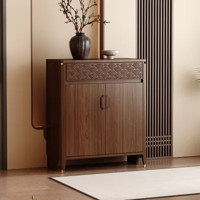 Versatile Solid Wood Entryway Shoe Cabinet Carved Cloud Design Large Storage Capacity Modern Hallway Furniture Supplier Dining