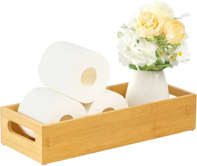 Toilet Tank Bathroom Kitchen Bamboo Toilet Paper Storage Toilet Tray with Handles