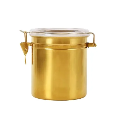 Stainless Steel Golden Coffee Canister Kitchen Home Storage Jar Coffee Food Candy Transparent Lid Canister