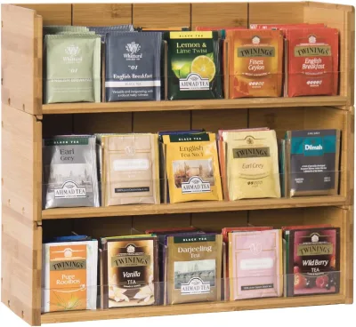 3-Tier Wood Tea Storage Organizer with Wall Sign for Tea Station Bag Holder Safe Customizable Size & Color