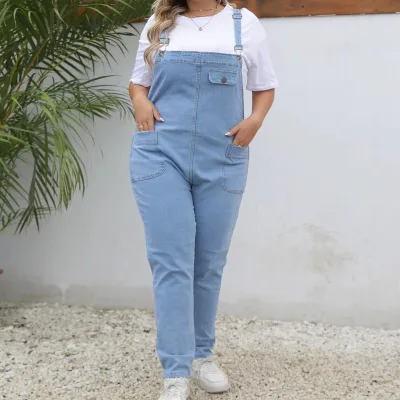 Classic Women's High-Waist Denim Jumpsuit Sleeveless with Straps and Multi-Pockets Casual Summer Plus Size Design