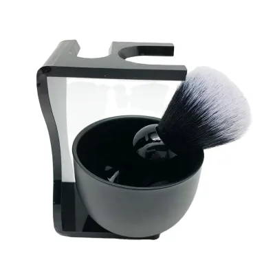 JDK Wholesale 3 in 1 Synthetic Shaving Brush with Acrylic Stand and Steel Bowl Premium Black Men's Convenient Shaving Brush Set