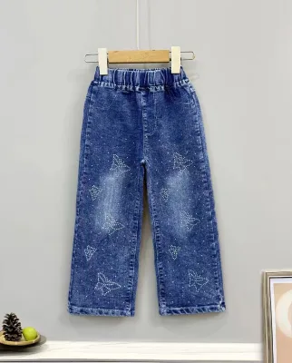 Autumn Spring Korean Style Girls' Trendy Straight Jeans Long Pants Kids Clothes Wholesale Rhinestone Glitter Elastic Print Denim