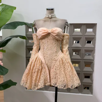 Exquisite Clothing Light Luxury Lace Strapless Dress Short 2026 Autumn New butterfly Bow off Shoulder Women's Dress