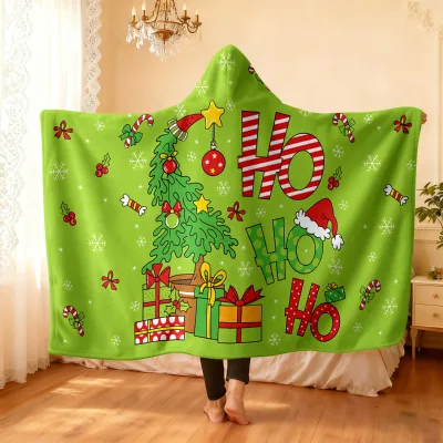 2026 New Custom Christmas Cartoon Print Hooded Blanket Wearable Cape Shawl Soft Warm Lazy Sofa Blanket Cloak for Kids Adults