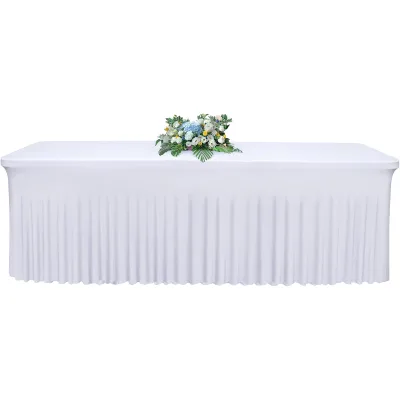6ft Rectangle Custom White Stretch Table Cloths for Events Outdoor Wedding Spandex Party Ruffled Table Skirt