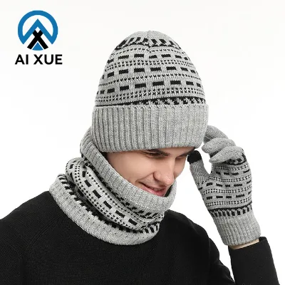 Unisex Winter Warm Set for Men and Women Beanie Gloves with Fleece Lining Scarf Yarn Knitted Muffler Gaiter Hat
