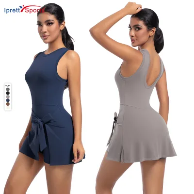 One-Piece Athletic Tennis Romper With Bow Tie Skirt Ideal for Yoga, Gym, and Casual Wear Elegant Sportswear for Comfort Style