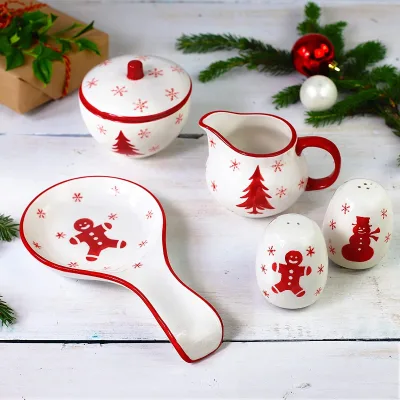 Wholesale Ceramic Christmas Cartoon Condiments Set Plate and Sugar Pot Jar Milk Jug Customized Salt and Pepper Shaker Tableware