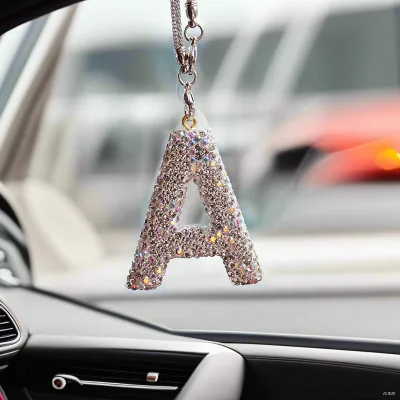 Luxury & Cute Clay Letter Bow Car Interior Accessories Women's Rhinestone Rearview Mirror Pendant Popular Style