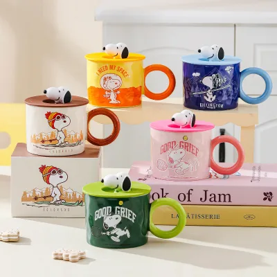 Snoopys Retro Cute Design Ceramic Mug Lid 360ML Coffee Cup Couple Office Afternoon Tea Drinking Mug