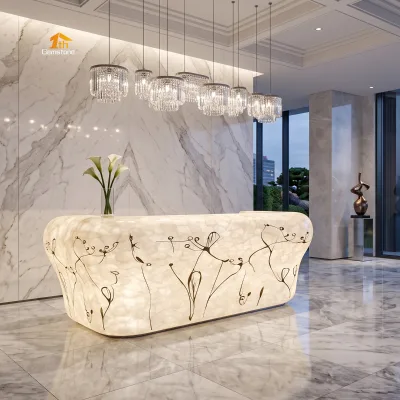 Interior Design Backlit White Crystal Quartz Translucent Stone Slab for Bar Top Reception Desk Boutique Hotels Office