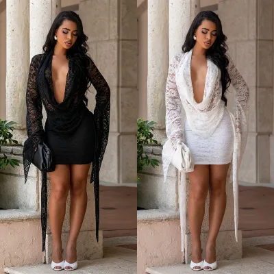 In Stock Women Sheer Floral Lace Mini Dress Draped Deep V Neck Flare Long Sleeve Bodycon Night Club Party Short Dress