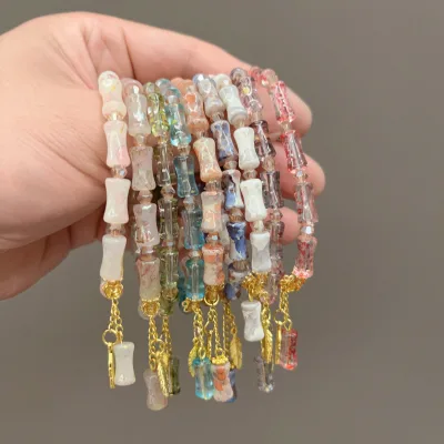Fashion Bamboo Shape Crystal Beaded Bracelets Glass Crystal Cute Leaf Pendant Charm Tassel Handmade Women Girl Elastic Bracelet