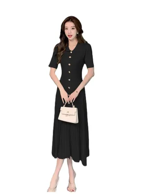 Style Vintage Fashion Summer Single Breasted Long Dress Lady Short Sleeve Knit Dress