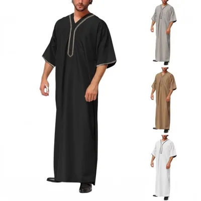 Factory Directly Selling Short Sleeve Cotton Linen Muslim Men Thobe Conventional Embroidered Morocco Men Prayer Robe