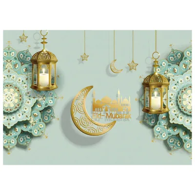 7x5ft Eid Mubarak Background Muslim Arabian Night Backdrop Lantern Moon Star Castle Decoration Party Banner Photo Booth Props