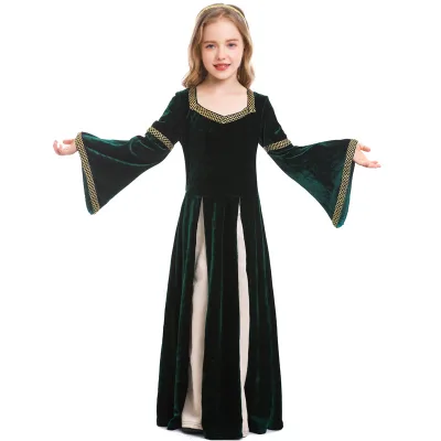 Renaissance Retro Medieval Girl Dress Musical Drama Stage Dress Dark Green Horn Sleeve Long Dress for Girls