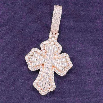 Pass Diamond Test Hip Hop D Color Baguette Moissanite Men'S Cluster Cross With 925 Sterling Silver Tennis Cross Bracelet Pendant