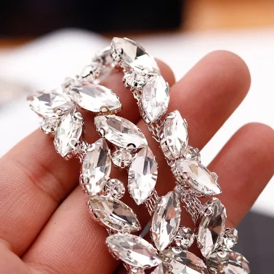 1cm Silver-Plated Metal Horse Eye Trim Crystal Chain Bling Rhinestone for Sewing Dress Sash Belt Garment Shoes Accessories