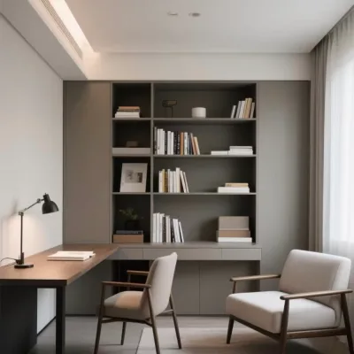 Minimalist Built-in Bookshelf Integrated Study Workspace LED Lighting Wall Unit Custom Modern Home Office Furniture Villa