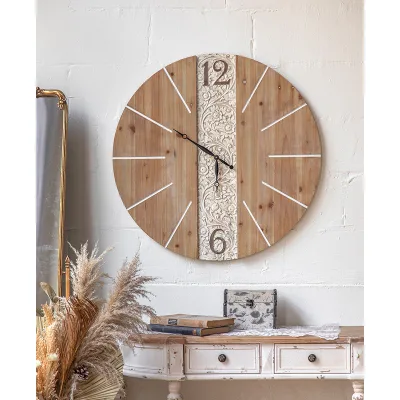 Luxury Round Rustic Wall Clock with Distressed Wooden and Farmhouse Aesthetic for Trendy Wholesale Home Decor Buyers