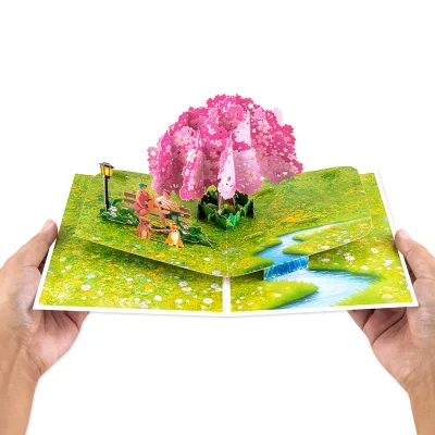 Anniversary Greeting Card Supplier 3D pink Cherry Tree Couples Pattern pop up Folded Rectangle Gift Card for Wholesale