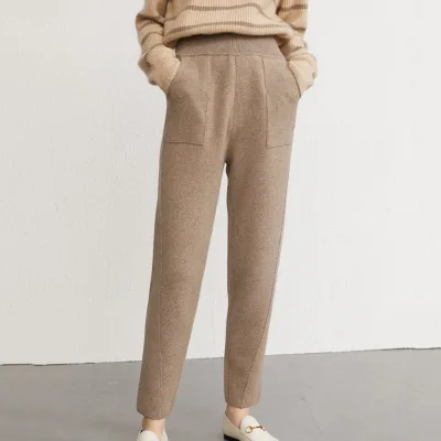 Wholesale Autumn Winter Warm Soft Pocket Casual Outdoor Thick High Waist Collect Leg Women 100% Cashmere Knit Pants