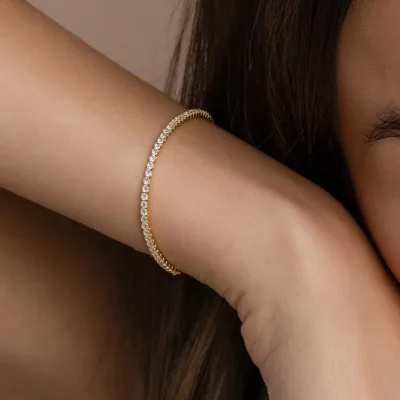Wholesale Stainless Steel Single Row Diamond Zircon Bracelet Gold Plated Full Zircon Tennis Chain Bracelet for Women