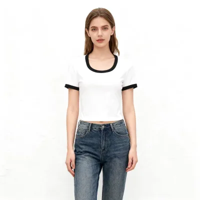 Women's Retro Contrast Trim Short Sleeve Top White Square Neck Cropped T-Shirt Y2K Vintage Style Casual t Shirt