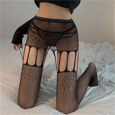 Women Rhinestone Hollow Out Cutout Fishnet Pantyhose Elastic See Through Mesh Stockings