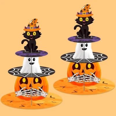 Halloween Pumpkin Multi-layer Cake Stand Decorated with 3D Paper Cake Trays for Party Christmas Point-of-sale Display of Cookies