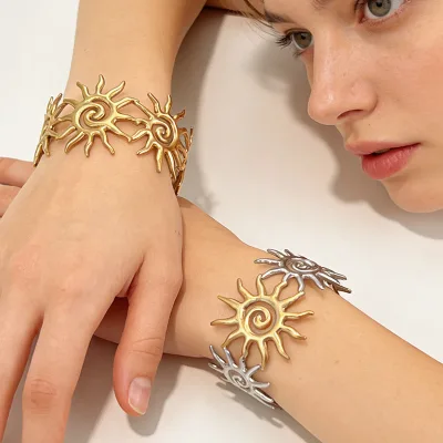 304 Stainless Steel Sunflower Chunky Cuff Bracelet Spiral Texture Two Tone 18K Gold Plated Vintage Open Color Retaining Hand