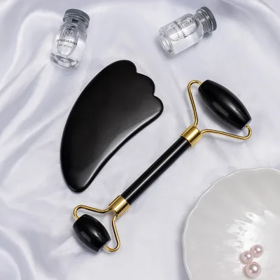 Hot-Selling Natural Black Obsidian Quartz Jade Roller Gua Sha Board for Face Massage