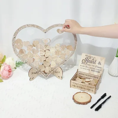 Souvenir Gifts New Wooden Wedding Guest Book Frame Heart Storage Box 36.5x38cm Fashionable Baby Shower Bridal Party Sign Book