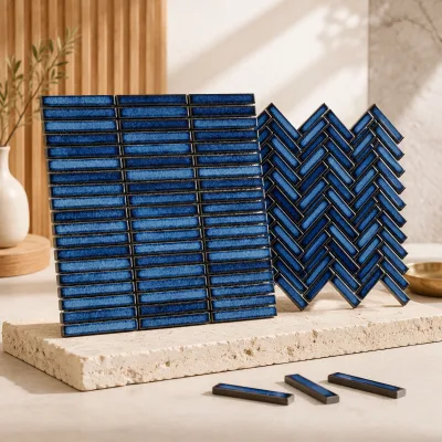 Kiln Change Blue Ceramic Mosaic Tile Turquoise to Deep Blue Gradient Glazed Strip Mosaic for Feature Wall Decor