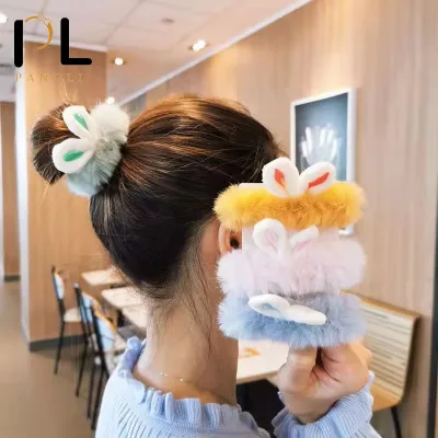 PL Cute Plush Rabbit Ear Elastic Hair Bands Women  Fluffy Bunny Ear Scrunchies Rubber Band Hair Ties Hair Accessories