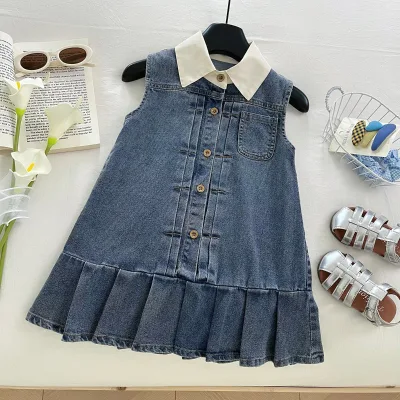 Korean Version New Summer Girls' Denim Dress Cool Asymmetrical Hem Color Block Manga Overlay Shoulder Patchwork Underwear