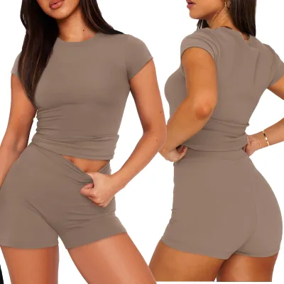 Custom Logo Summer Lounge Sets Ultra Soft Flattering Fit Short Sleeve Crop Top and Shorts 2 Pieces Women Sports Sets