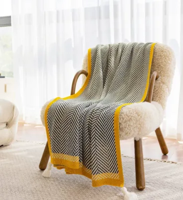 Soft Knitted Herringbone Throw Blanket with Tassel for Sofa Bedroom Home Decor