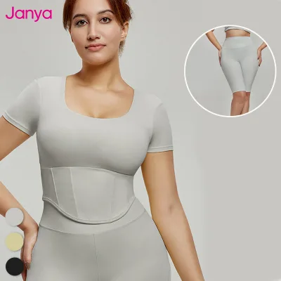 Janya Wholesale Plus Size Fixed Pads Mesh Breathable Patchwork Yoga Shirt and Antibacterial Super Pockets Biker Shorts Yoga Set