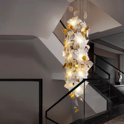 Modern Leaf Design Long Glass Chandelier Adjustable Height LED Pendant Lamp Gold for Home Office & Living Room MD92490